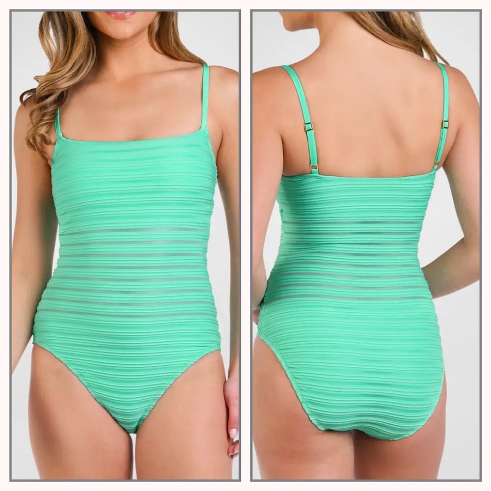 La Blanca Fluid Lines One Piece Bright Green Square, scoop Neck Swimsuit Sz 6